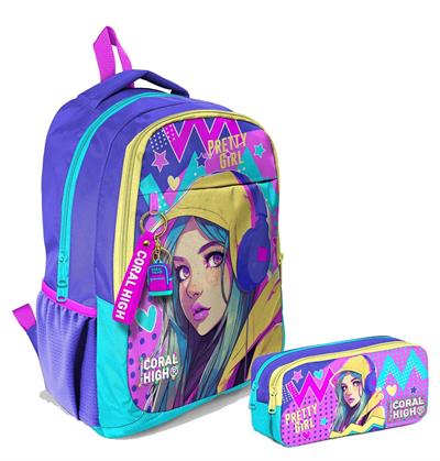 Coral High Kız Çocuk Lavanta Turkuaz Kulaklıklı Kız İlkokul ve Ortaokul Sırt Çantası ve Kalemlik Seti