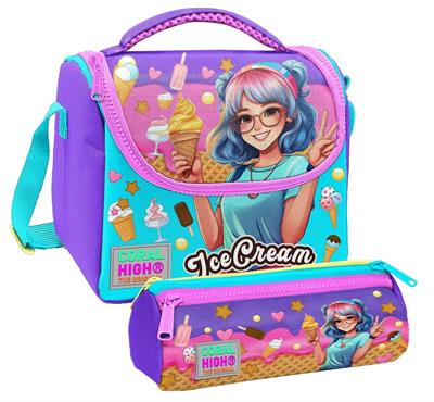 Coral High Kız Çocuk Lila Turkuaz Dondurmalı Kız Thermo Beslenme Çantası ve Üç Bölmeli Kalemlik Seti