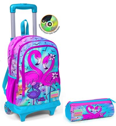 Coral High Kız Çocuk Mavi Pembe Flamingo Tekerlekli Okul Çantası ve Kalemlik Seti
