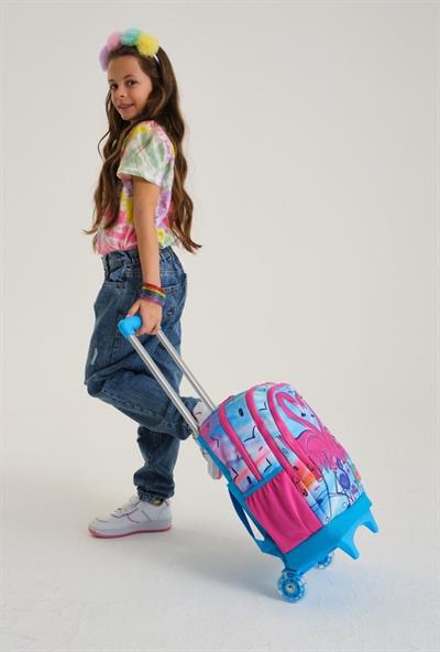 Coral High Kız Çocuk Mavi Pembe Flamingo Tekerlekli Okul Çantası ve Kalemlik Seti