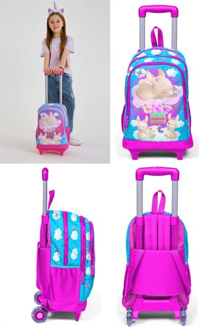 Coral High Kız Çocuk Mavi Pembe Tavşan Tekerlekli Okul Çantası ve Kalemlik Seti