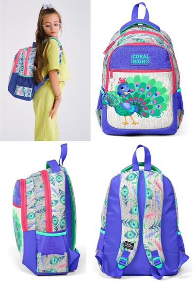 Coral High Kız Çocuk Mavi Yeşil Tavuskuşu Üçlü İlkokul Okul Çanta Seti