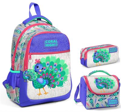 Coral High Kız Çocuk Mavi Yeşil Tavuskuşu Üçlü İlkokul Okul Çanta Seti