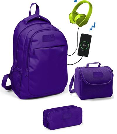 Coral High Kız Çocuk Mor 3lü Çanta Takımı - USB Soketli