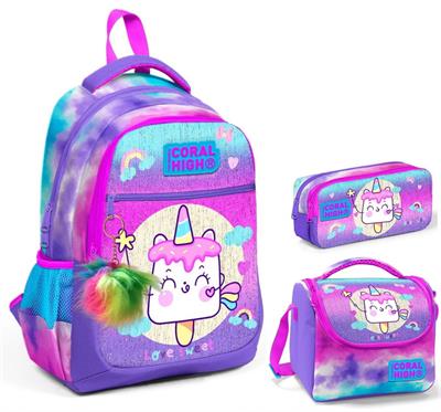 Coral High Kız Çocuk Mor Pembe Dondurma Üçlü İlkokul Okul Çanta Seti