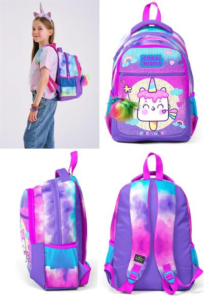 Coral High Kız Çocuk Mor Pembe Dondurma Üçlü İlkokul Okul Çanta Seti