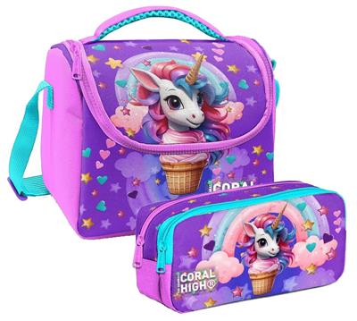 Coral High Kız Çocuk Mor Pembe Dondurma Unicorn Thermo Beslenme Çantası ve İki Bölmeli Kalemlik Seti