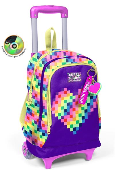 Coral High Kız Çocuk Mor Piksel Kalp Desenli Işıklı Tekerlekli Çekçek Okul Çantası - 34008
