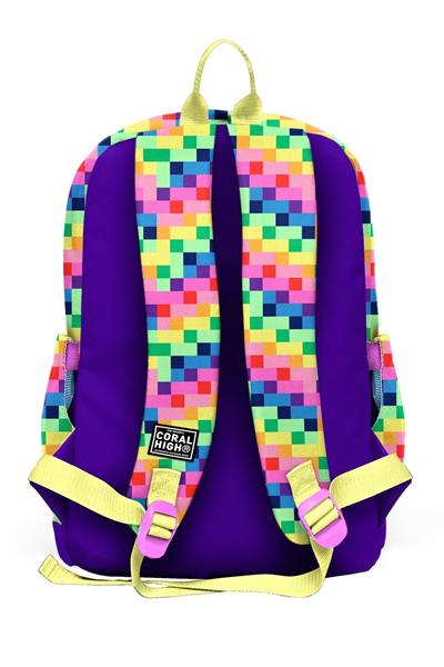 Coral High Kız Çocuk Mor Piksel Kalp Desenli İlkokul Sırt Çantası (Dört Bölme) 33208