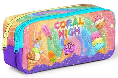 Coral High Kız Çocuk Mor Sarı Dondurma Baskılı İki Bölmeli Kalem Çantası/Kalemlik 31054