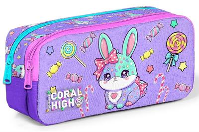 Coral High Kız Çocuk Mor Sevimli Tavşan Baskılı İki Bölmeli Kalem Çantası/Kalemlik 31055