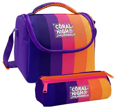 Coral High Kız Çocuk Mor Turuncu Renkli Çizgili Thermo Beslenme Çantası ve Üç Bölmeli Kalemlik Seti