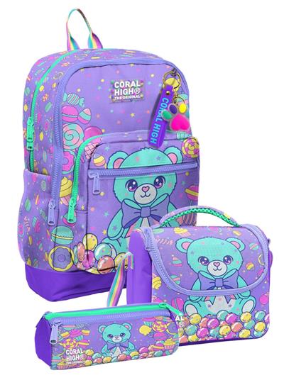 Coral High Kız Çocuk Mor Yeşil Ayıcık Desenli Üçlü İlkokul Okul Çanta Seti SETYGN33205A
