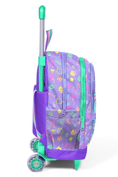 Coral High Kız Çocuk Mor Yeşil Ayıcık Desenli Işıklı Tekerlekli Çekçek Okul Çantası - 34005