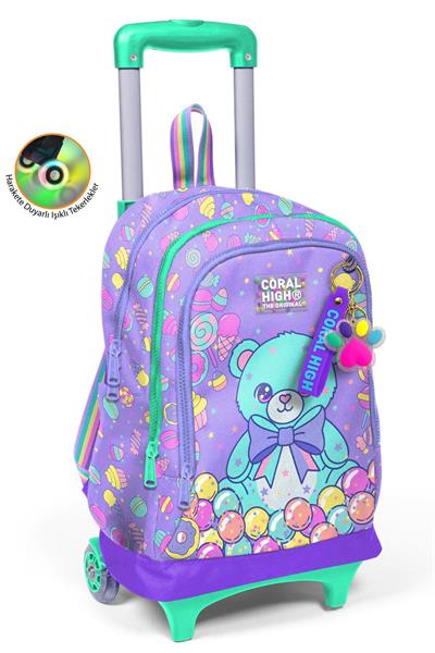 Coral High Kız Çocuk Mor Yeşil Ayıcık Desenli Işıklı Tekerlekli Çekçek Okul Çantası - 34005
