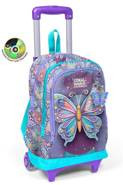Coral High Kız Çocuk Pastel Renkli Kelebek Desenli Işıklı Tekerlekli Çekçek Okul Çantası - 34006