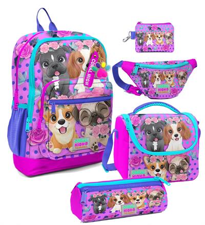 Coral High Kız Çocuk Pembe Köpek Desenli Beşli İlkokul Okul Çanta Seti
