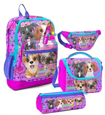 Coral High Kız Çocuk Pembe Köpek Desenli İlkokul Okul Çanta Seti ve Bel Çantası