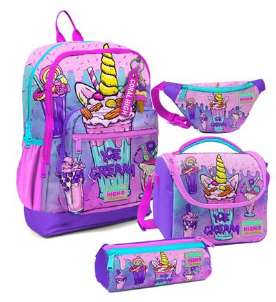 Coral High Kız Çocuk Pembe Mor Dondurma Desenli İlkokul Okul Çanta Seti ve Bel Çantası