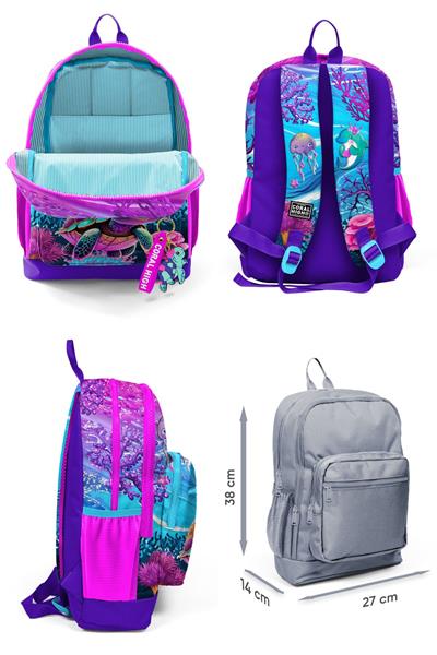 Coral High Kız Çocuk Pembe Mor Kaplumbağa Desenli İlkokul Okul Çanta Seti ve Bel Çantası
