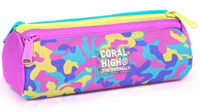 Coral High Kız Çocuk Pembe Sarı Kamuflaj Üç Gözlü Okul Kalem Çantası 31001