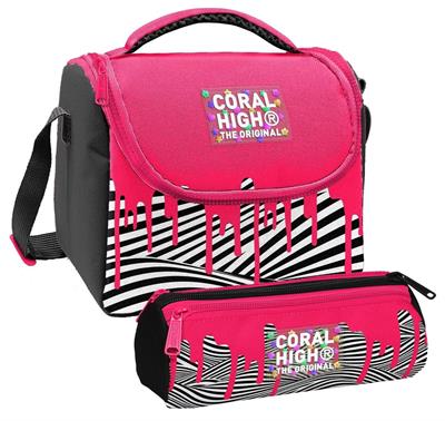 Coral High Kız Çocuk Pembe Siyah Beyaz Boya Desenli Thermo Beslenme Çantası ve Üç Bölmeli Kalemlik Seti