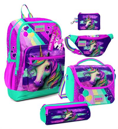 Coral High Kız Çocuk Pembe Su Yeşili Unicorn Desenli Beşli İlkokul Okul Çanta Seti