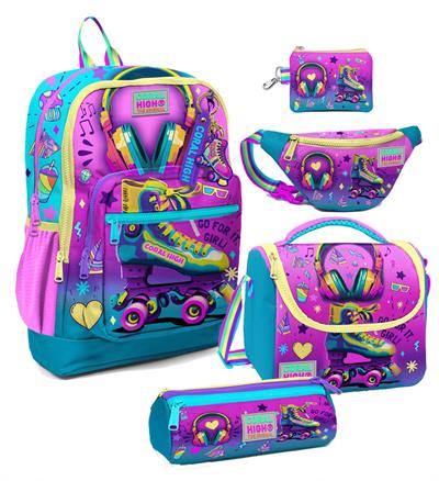 Coral High Kız Çocuk Pembe Turkuaz Kulaklık Paten Desenli Beşli İlkokul Okul Çanta Seti