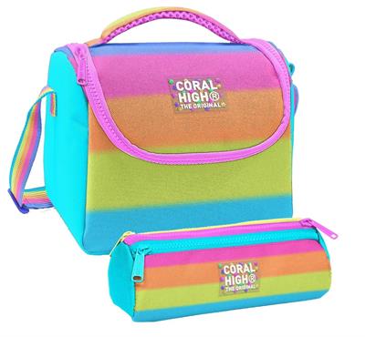 Coral High Kız Çocuk Pembe Turuncu Renk Geçişli Thermo Beslenme Çantası ve Üç Bölmeli Kalemlik Seti