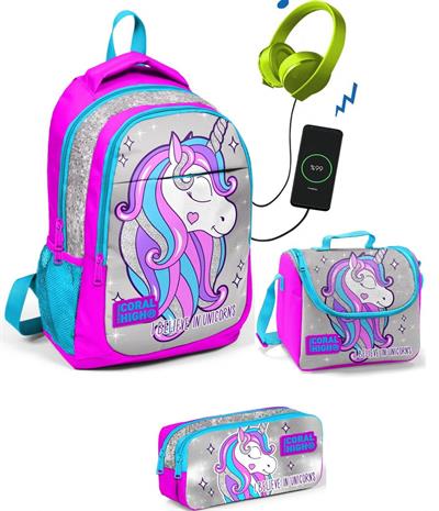 Coral High Kız Çocuk Pembe Unicorn 3lü Çanta Takımı - USB Soketli