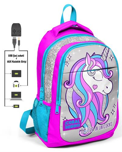 Coral High Kız Çocuk Pembe Unicorn 3lü Çanta Takımı - USB Soketli