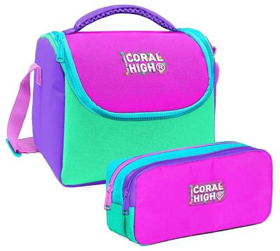 Coral High Kız Çocuk Pembe Yeşil Çok Renkli Thermo Beslenme Çantası ve İki Bölmeli Kalemlik Seti
