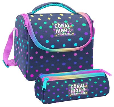 Coral High Kız Çocuk Puantiyeli Lacivert Thermo Beslenme Çantası ve Üç Bölmeli Kalemlik Seti