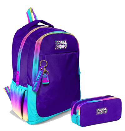 Coral High Kız Çocuk Rainbow Fermuarlı Mor İlkokul ve Ortaokul Sırt Çantası ve Kalemlik Seti