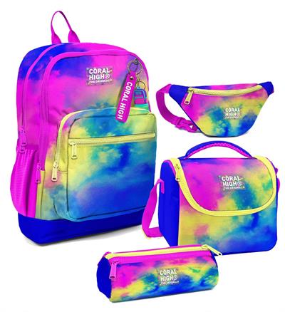 Coral High Kız Çocuk Renkli Batik Desenli İlkokul Okul Çanta Seti ve Bel Çantası