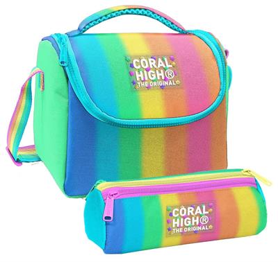 Coral High Kız Çocuk Renkli Çizgili Mavi Turuncu Thermo Beslenme Çantası ve Üç Bölmeli Kalemlik Seti