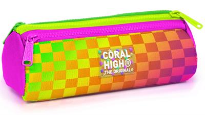 Coral High Kız Çocuk Sarı Mor Dama Desenli Üç Gözlü Okul Kalem Çantası 31003