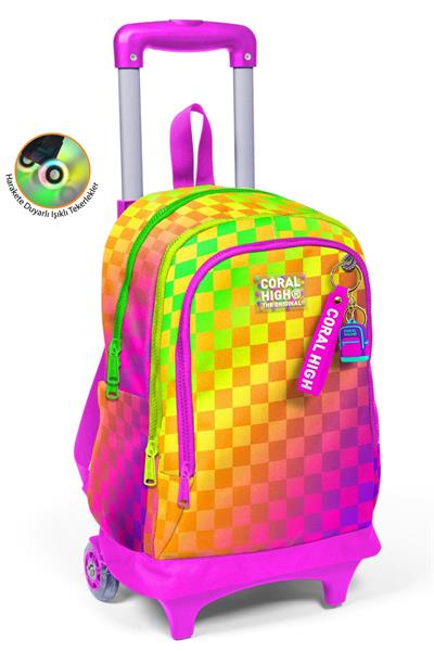Coral High Kız Çocuk Sarı Mor Dama Desenli Işıklı Tekerlekli Çekçek Okul Çantası - 34003