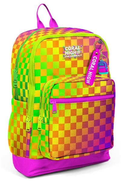 Coral High Kız Çocuk Sarı Mor Dama Desenli İlkokul Sırt Çantası (Dört Bölme) 33203