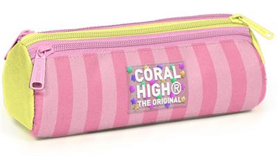 Coral High Kız Çocuk Sarı Pembe Çizgi Desenli Üç Gözlü Okul Kalem Çantası 31023