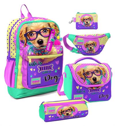 Coral High Kız Çocuk Sarı Pembe Sevimli Köpek Desenli Beşli İlkokul Okul Çanta Seti