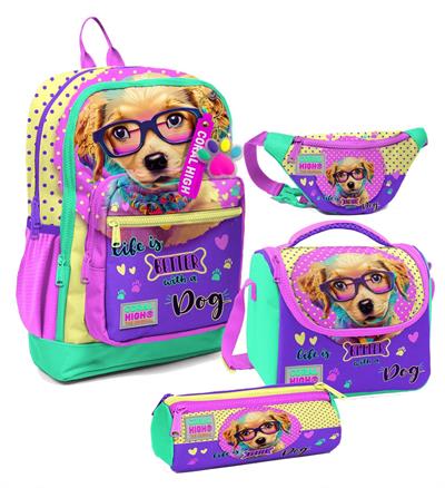Coral High Kız Çocuk Sarı Pembe Sevimli Köpek Desenli İlkokul Okul Çanta Seti ve Bel Çantası