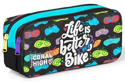 Coral High Kız Çocuk Siyah Beyaz Bisiklet Baskılı İki Bölmeli Kalem Çantası/Kalemlik 31043
