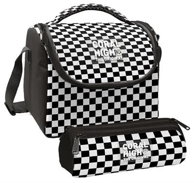 Coral High Kız Çocuk Siyah Beyaz Damalı Thermo Beslenme Çantası ve Üç Bölmeli Kalemlik Seti