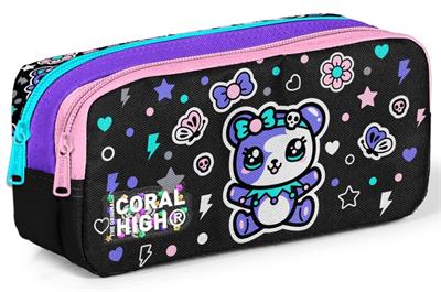 Coral High Kız Çocuk Siyah Mor Ayıcık Baskılı İki Bölmeli Kalem Çantası/Kalemlik 31042
