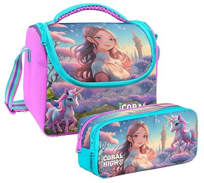 Coral High Kız Çocuk Turkuaz Pembe Anime Kız Thermo Beslenme Çantası ve İki Bölmeli Kalemlik Seti