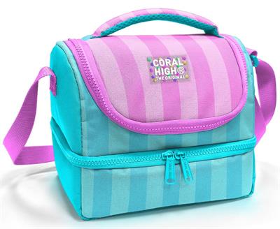 Coral High Kız Çocuk Turkuaz Pembe Çizgi Desenli İki Katlı Okul Beslenme Çantası 37213