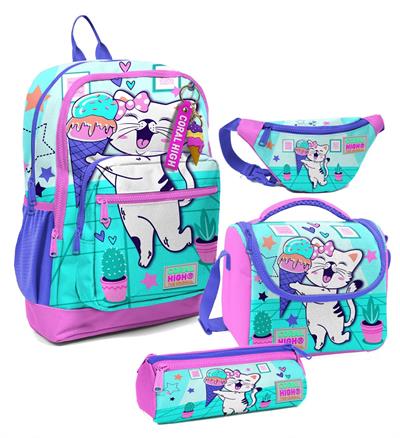 Coral High Kız Çocuk Turkuaz Pembe Dondurmalı Kedi Desenli İlkokul Okul Çanta Seti ve Bel Çantası