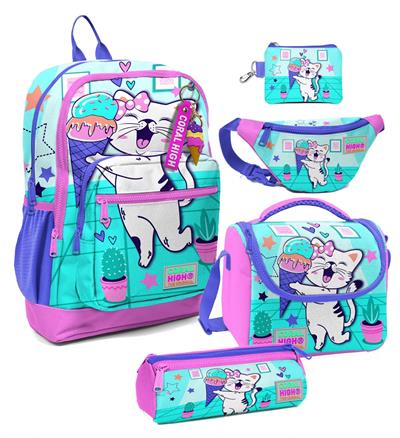 Coral High Kız Çocuk Turkuaz Pembe Dondurmalı Kedi Desenli Beşli İlkokul Okul Çanta Seti
