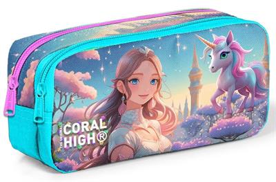 Coral High Kız Çocuk Turkuaz Prenses ve Unicorn Baskılı Okul Kalem Çantası - İki Gözlü 12094